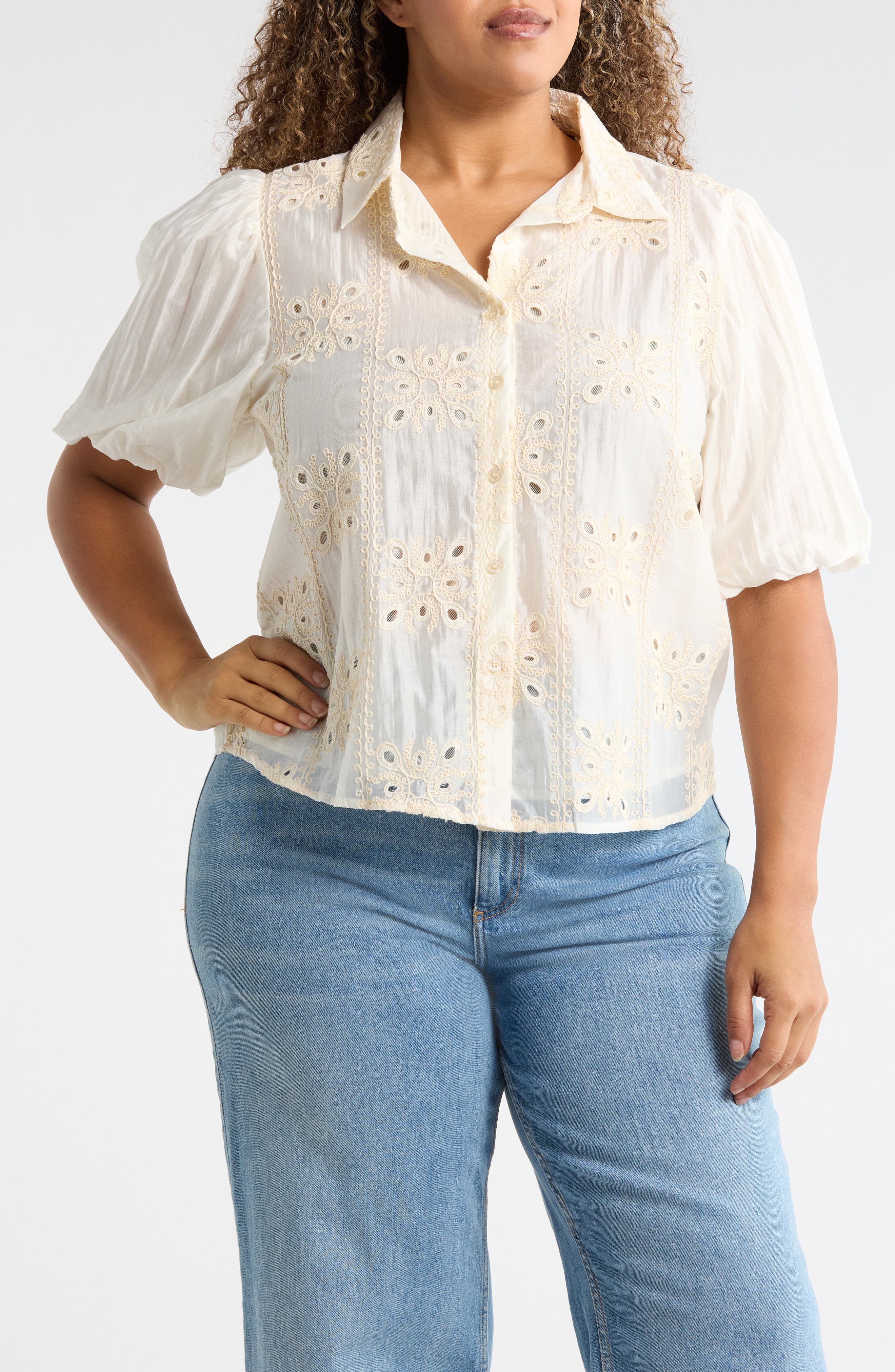 Eyelet Puff Sleeve Button-Up Shirt - image 3