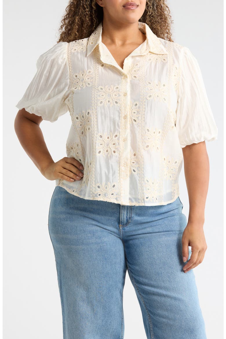 Eyelet Puff Sleeve Button-Up Shirt, Main, color, NATURAL