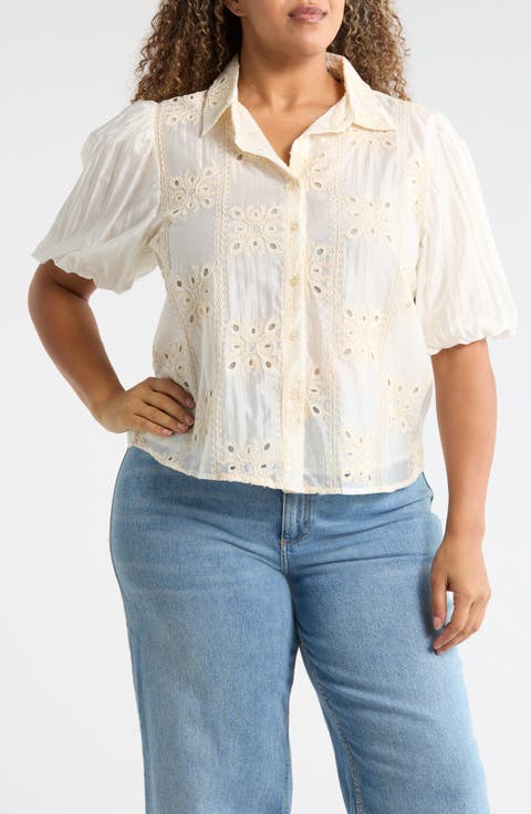 Eyelet Puff Sleeve Button-Up Shirt (Plus)