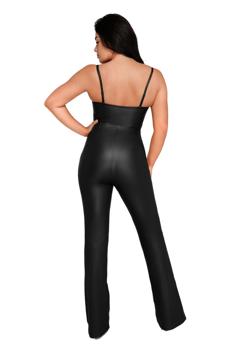 Popilush Shapewear Faux Leather Corset Bodice Slimming Jumpsuit, Alternate, color, Midnight Black