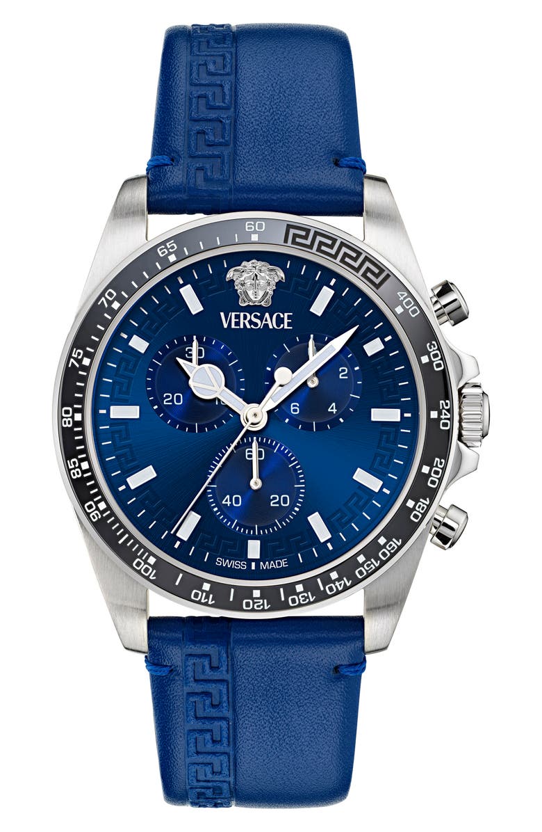 Versace Greca Chronograph Leather Strap Watch, 43mm, Main, color, Blue/ Stainless Steel