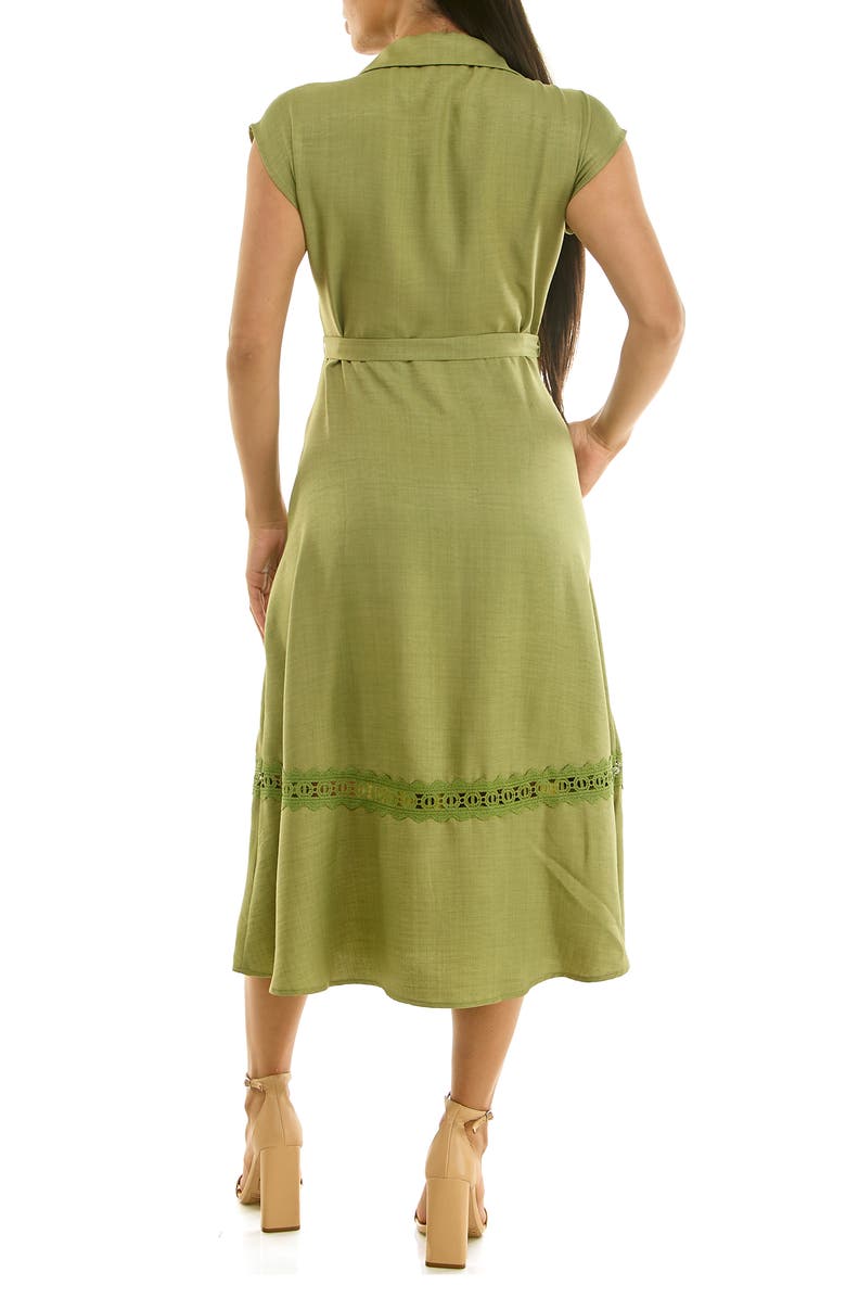 Nina Leonard Cap Sleeve Lace Trim Midi Shirtdress, Alternate, color, Soft Olive