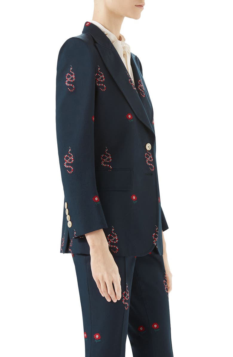 Gucci Snake Embroidered Cotton Blazer, Alternate, color,
