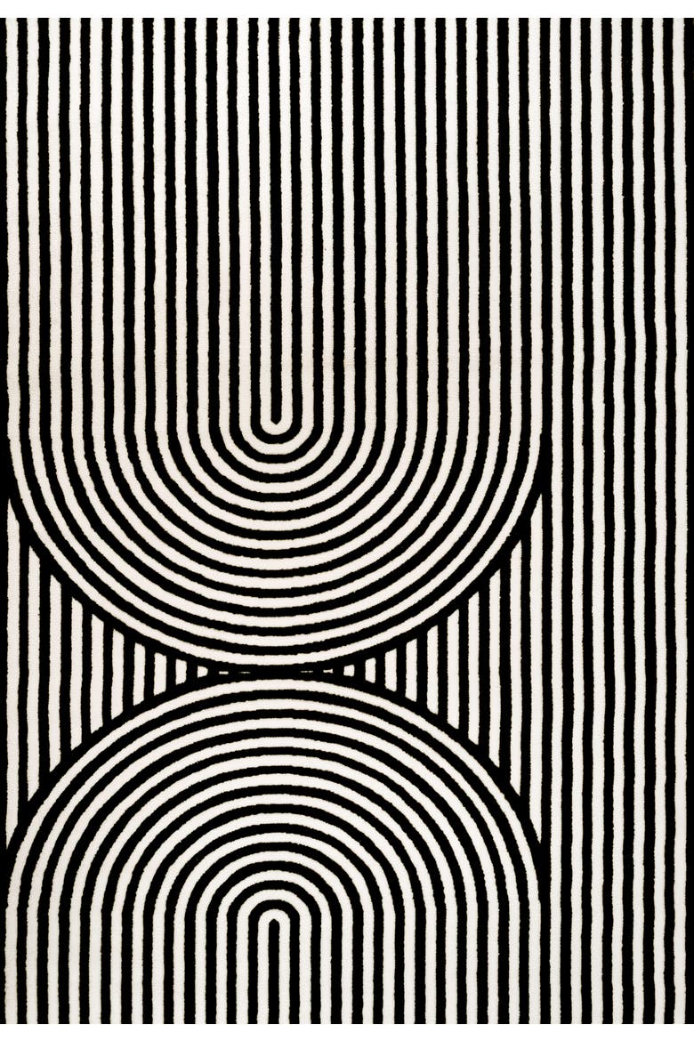 Sofia High-Low MidCentury Modern Arch Stripe Two-Tone Indoor/Outdoor Area Rug, Main, color, Black/White