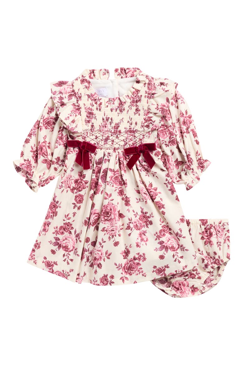 Kids' Toile Floral Smocked Babydoll Dress & Bloomers Set, Main, color, BURGUNDY