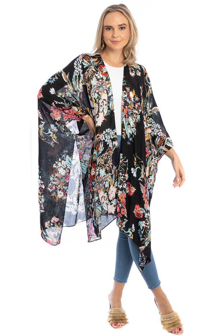 Lasdon Floral Print Ruana, Alternate, color, BLACK