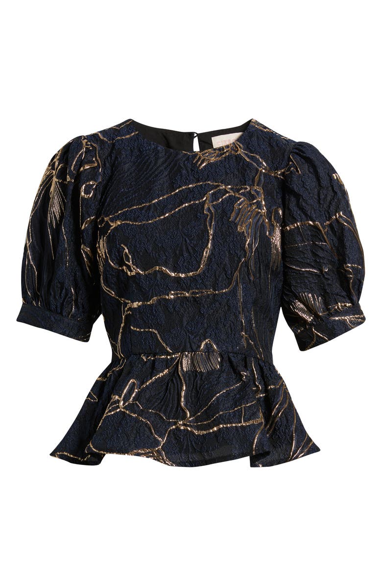 CIEBON Tonje Metallic Puff Sleeve Peplum Top, Alternate, color, Navy/ Gold
