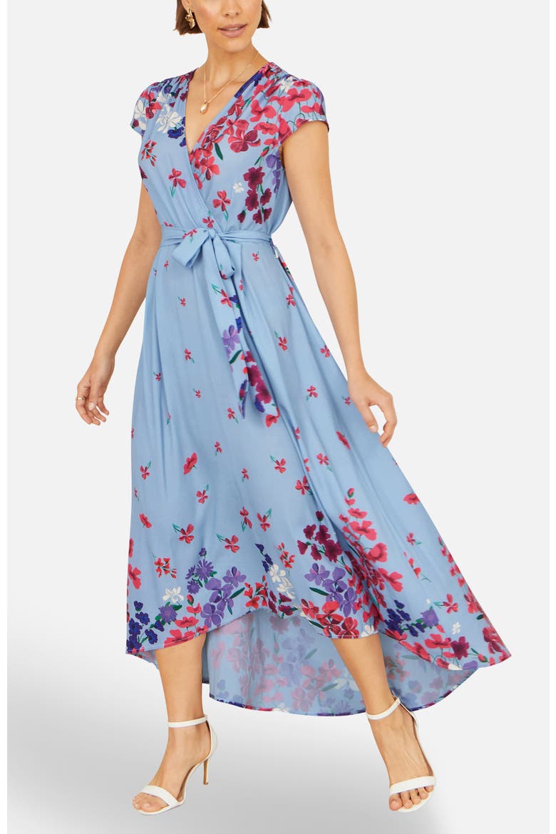 Floral Mirror Dip Hem Wrap Dress, Alternate, color, Blue
