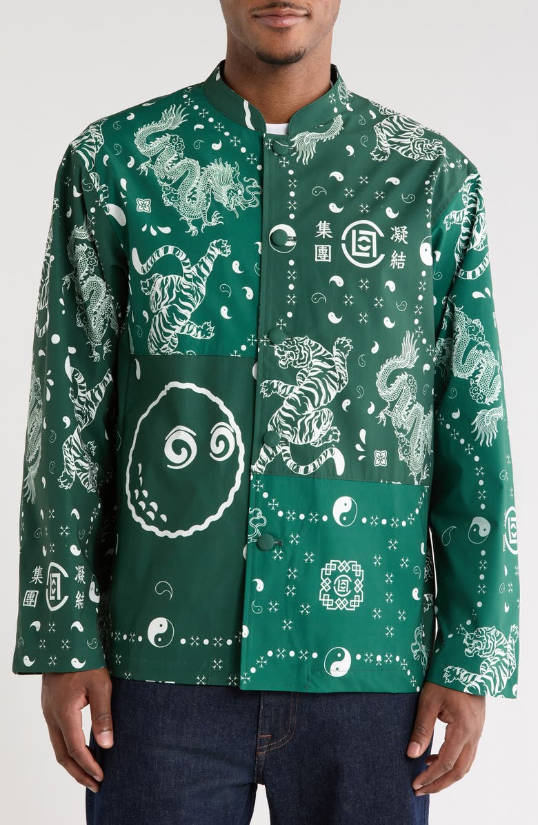 Malbon Golf x CLOT Oversize Patchwork Print Cotton Jacket, Alternate, color, Green