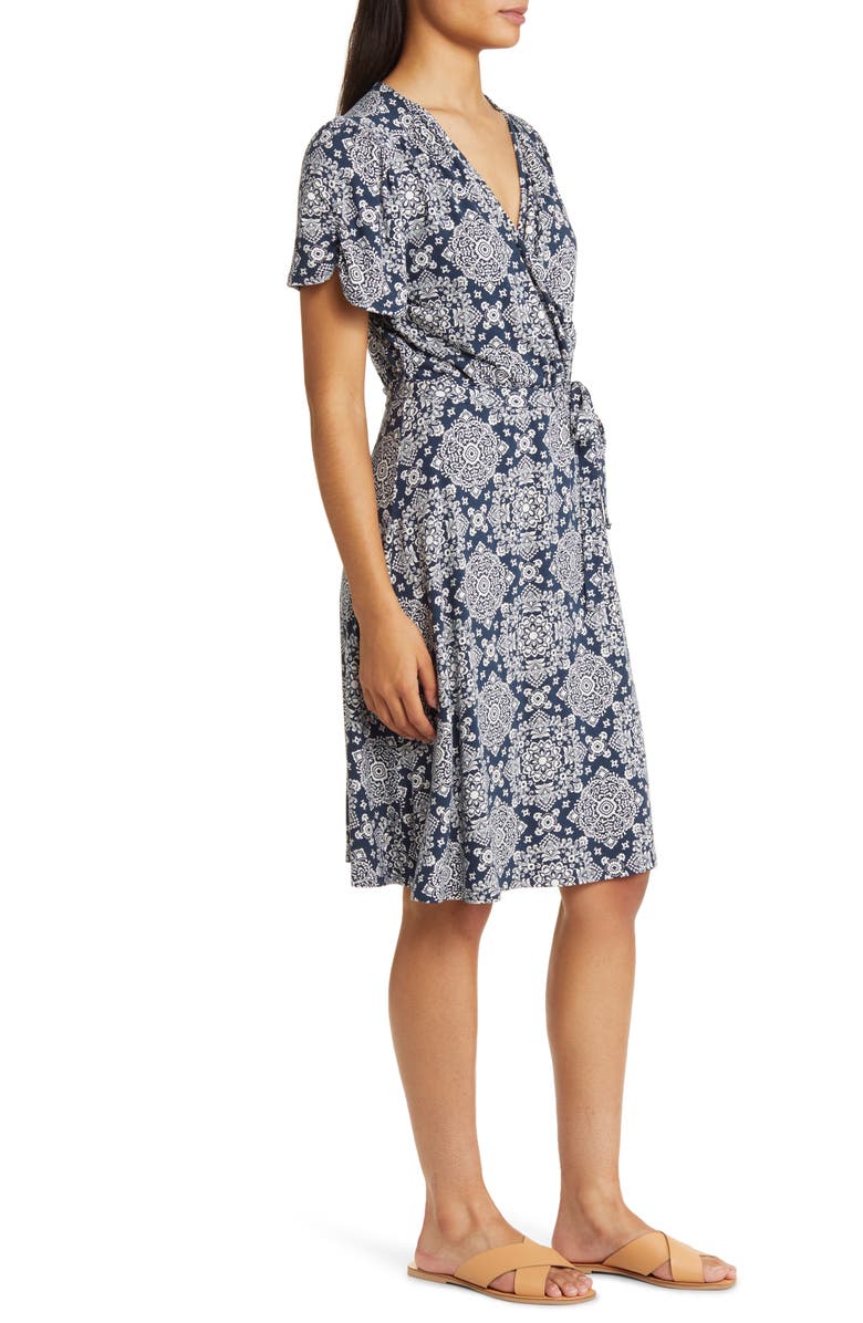 Loveappella Short Sleeve Faux Wrap Dress, Alternate, color, Navy/ Ivory