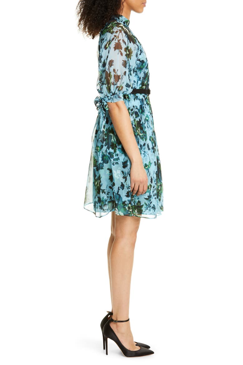 Belted Floral Print Silk Voile Dress, Alternate, color, BLUE/ GREEN