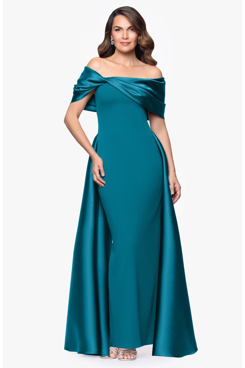 Off the Shoulder Cape Detail Gown, Alternate, color, TEAL