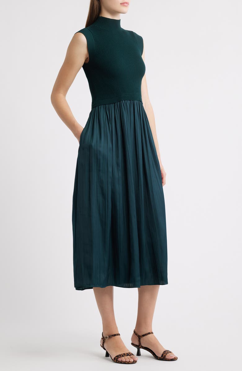 Vince Camuto Mixed Media Midi Dress, Alternate, color, Hunter