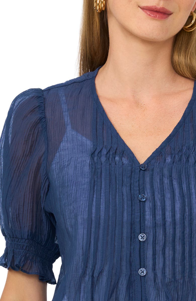 Vince Camuto Pintuck V-Neck Puff Sleeve Top, Alternate, color, Navy