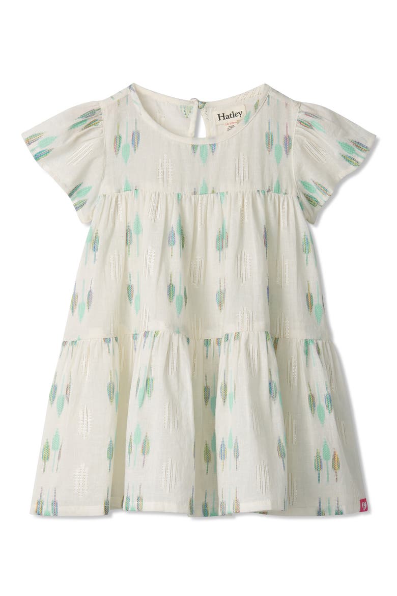 Ikat Feather Print Cotton Tiered Dress, Alternate, color, CREAM
