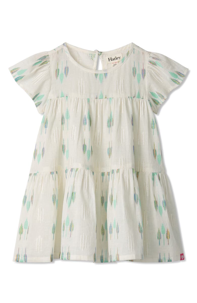 Hatley Ikat Feather Print Cotton Tiered Dress, Alternate, color, Cream