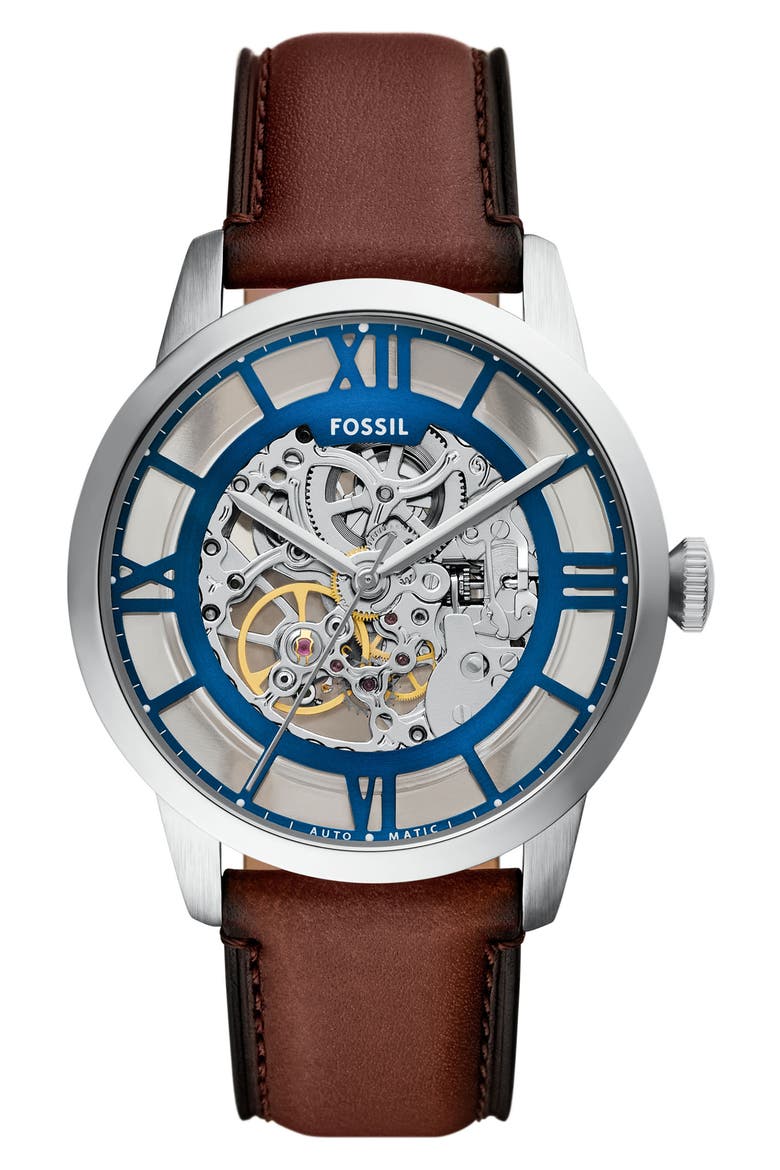 Townsman Automatic Leather Strap Watch, 44mm, Main, color, BROWN