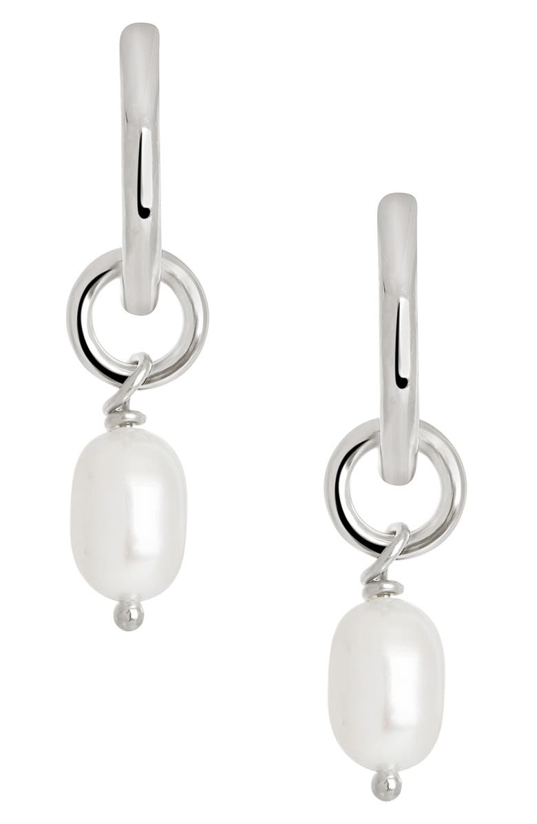 Sterling Forever Freshwater Pearl Drop Huggie Hoop Earrings, Main, color, Silver
