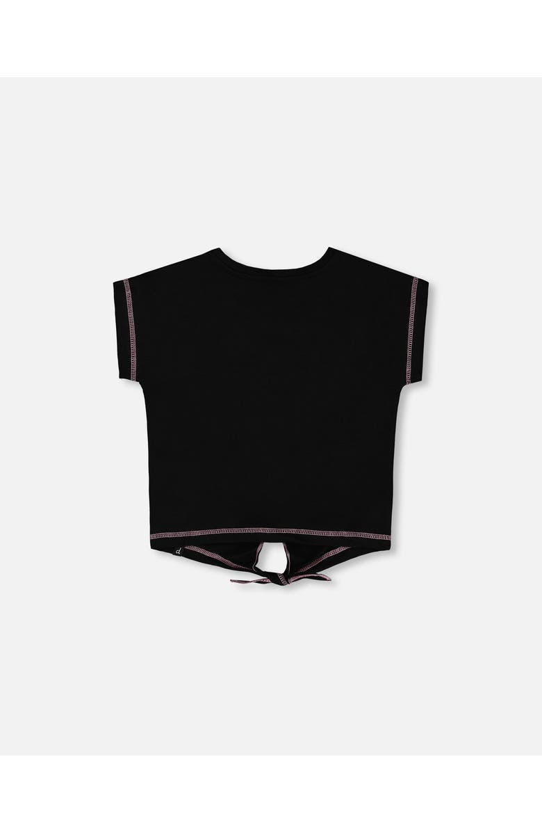Deux par Deux Girl's Organic Cotton Tee With Print And Knot Black And Multicolored, Alternate, color,