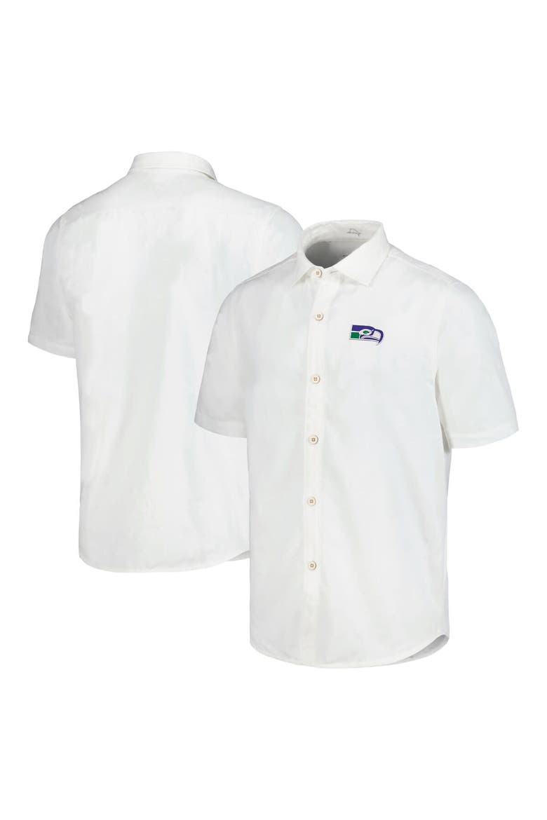 Men's Tommy Bahama White Seattle Seahawks Sport Coconut Point Palm Vista IslandZone Button-Up Camp Shirt, Main, color, White