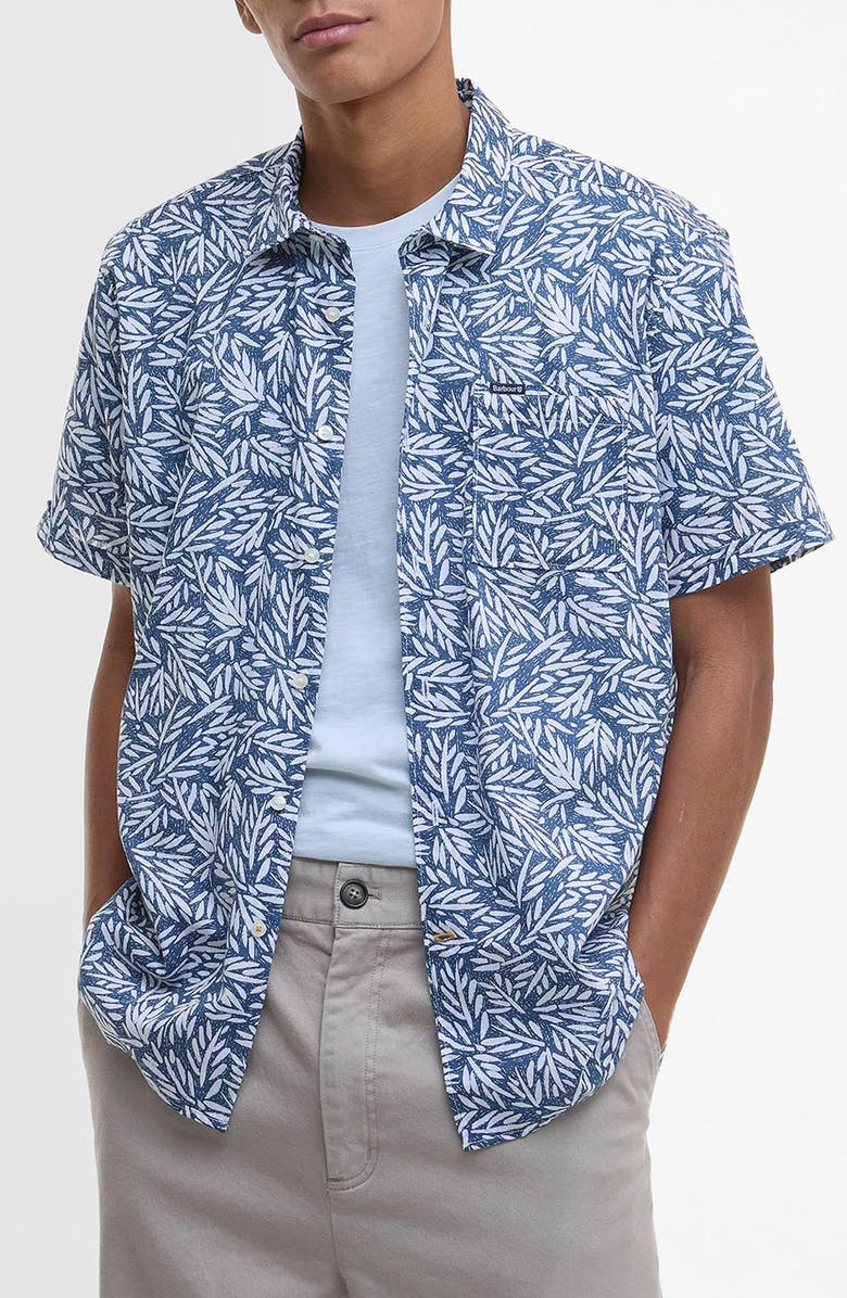 Barbour Jackstone Leaf Print Short Sleeve Cotton Button-Up Shirt, Main, color, Dark Denim