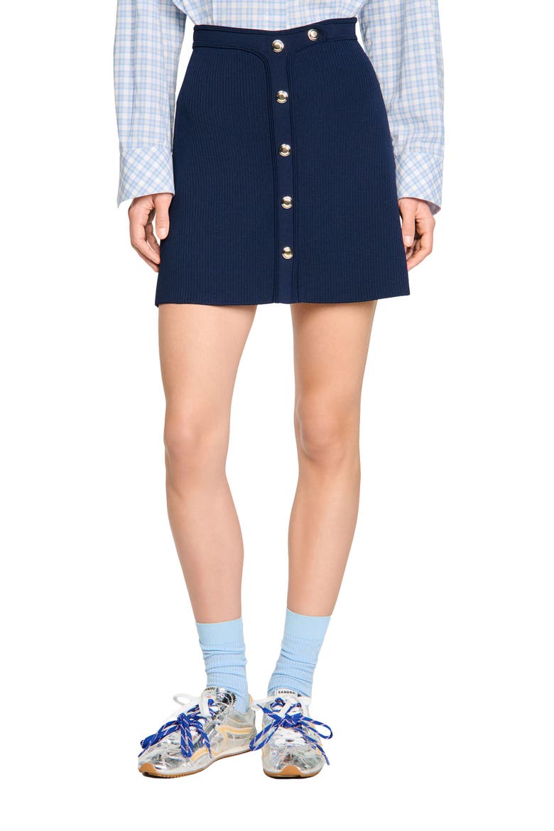 Short ribbed skirt with press studs, Main, color, Navy blue
