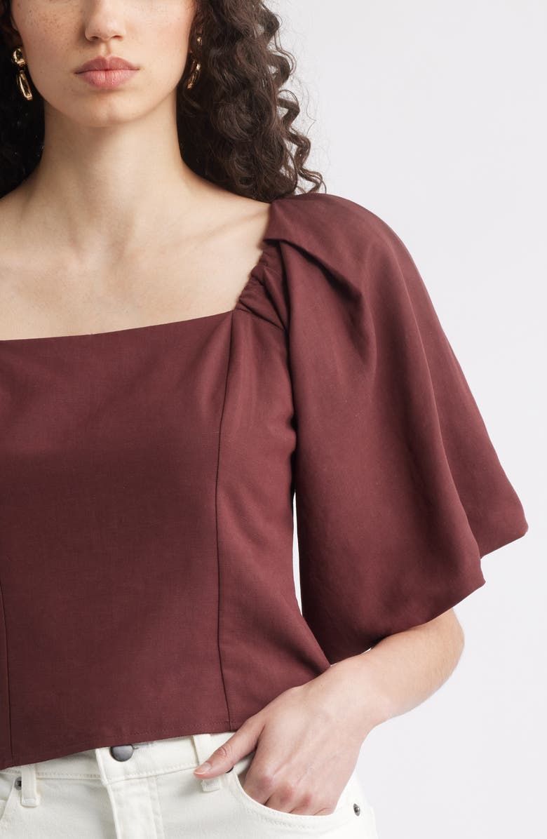 Nordstrom Puff Sleeve Square Neck Top, Alternate, color, Brown Raisin