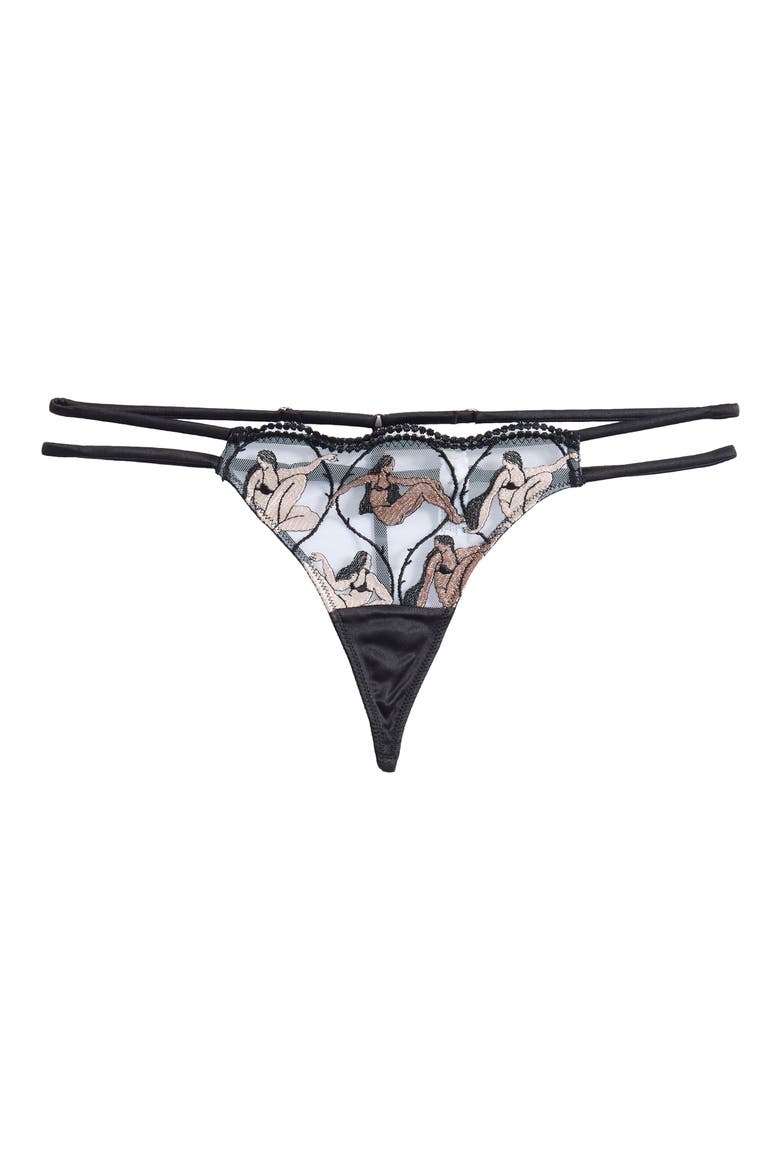 Gio Embroidered Tulle & Satin G-String, Main, color, BLACK