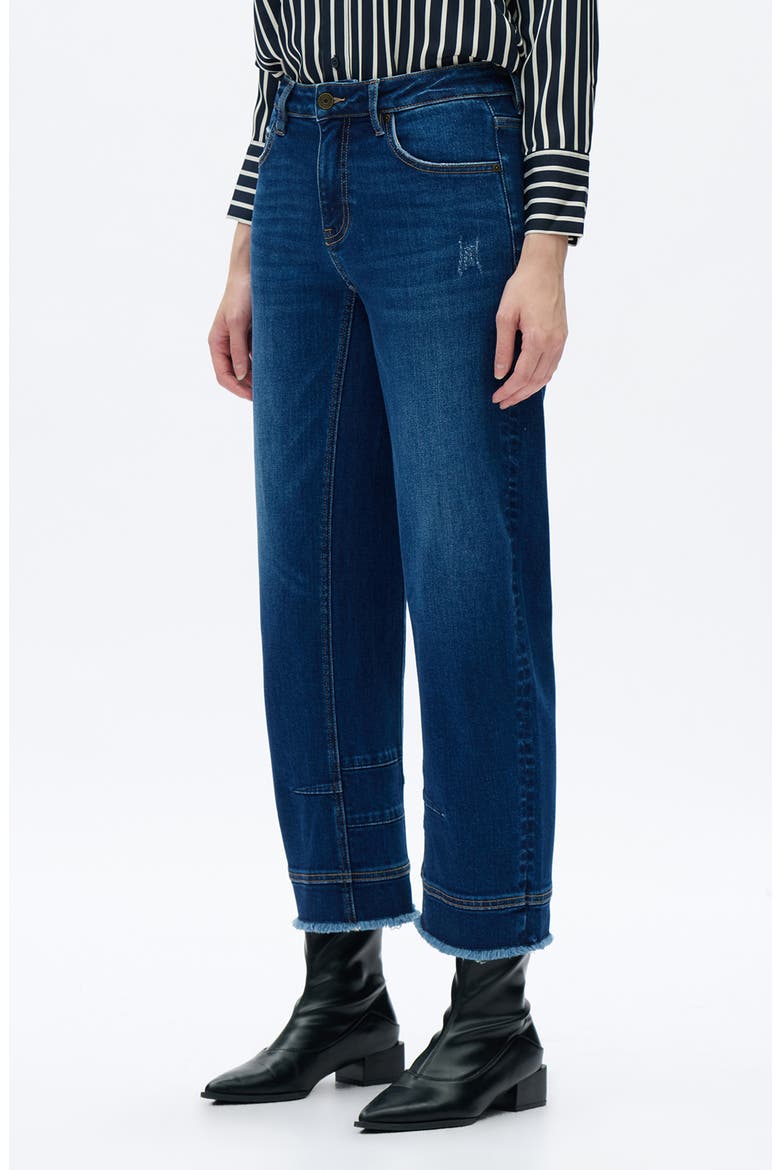 Frayed Mid Rise Ankle Barrel Leg Jeans, Alternate, color, DARK BLUE