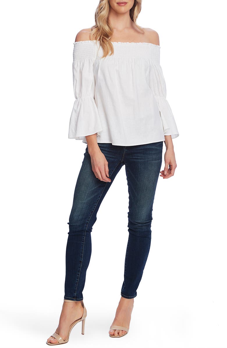 Vince Camuto Off the Shoulder Bell Sleeve Linen Blend Blouse, Alternate, color, 