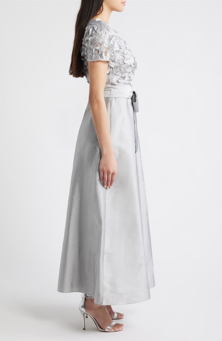 Pisarro Nights 3D Beaded Paillette Bodice Taffeta A-Line Gown, Alternate, color, Silver