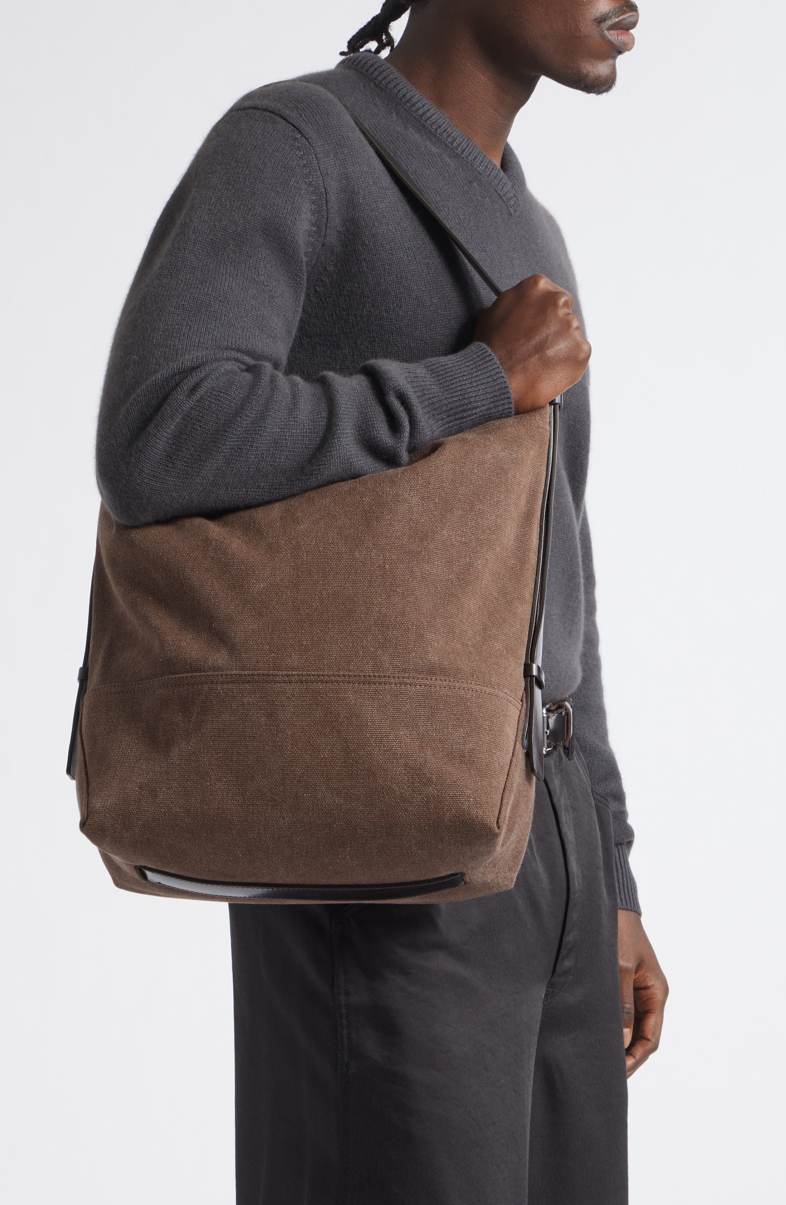 Belted Canvas Tote Bag, Alternate, color, DARK CHOCOLATE