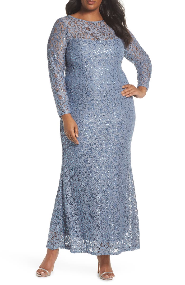 Marina Illusion Yoke & Long Sleeve Lace Gown | Nordstrom