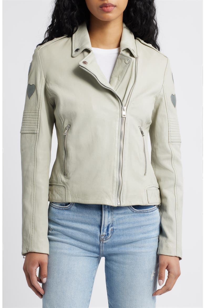 Reo Heart Detail Leather Moto Jacket, Alternate, color, OFFWHITE/ GREY