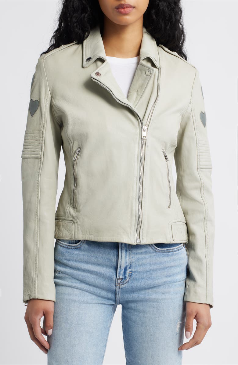 MAURITIUS Reo Heart Detail Leather Moto Jacket, Alternate, color, Offwhite/ Grey