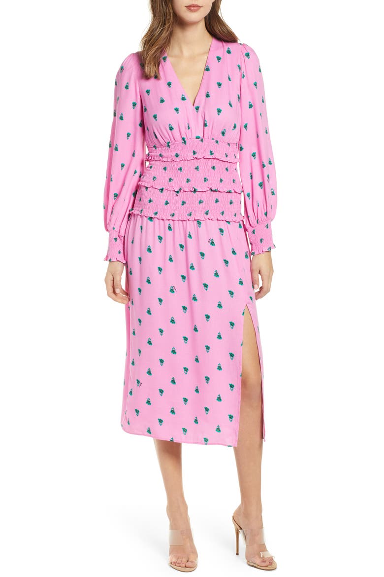 Hazel Floral Smocked Long Sleeve Midi Dress, Main, color, PINK GREEN FLORAL