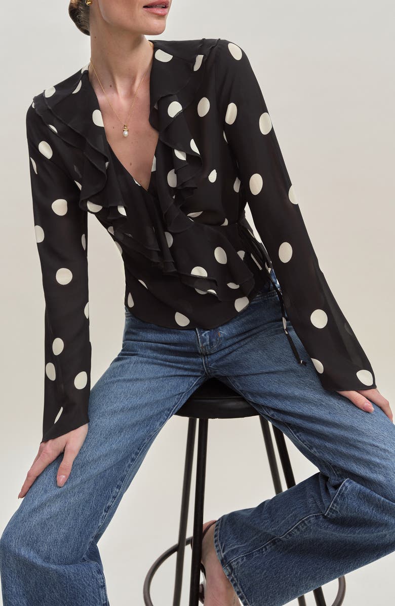 Reformation Kilah Ruffle Neck Polka Dot Wrap Top, Alternate, color, Moon Dot