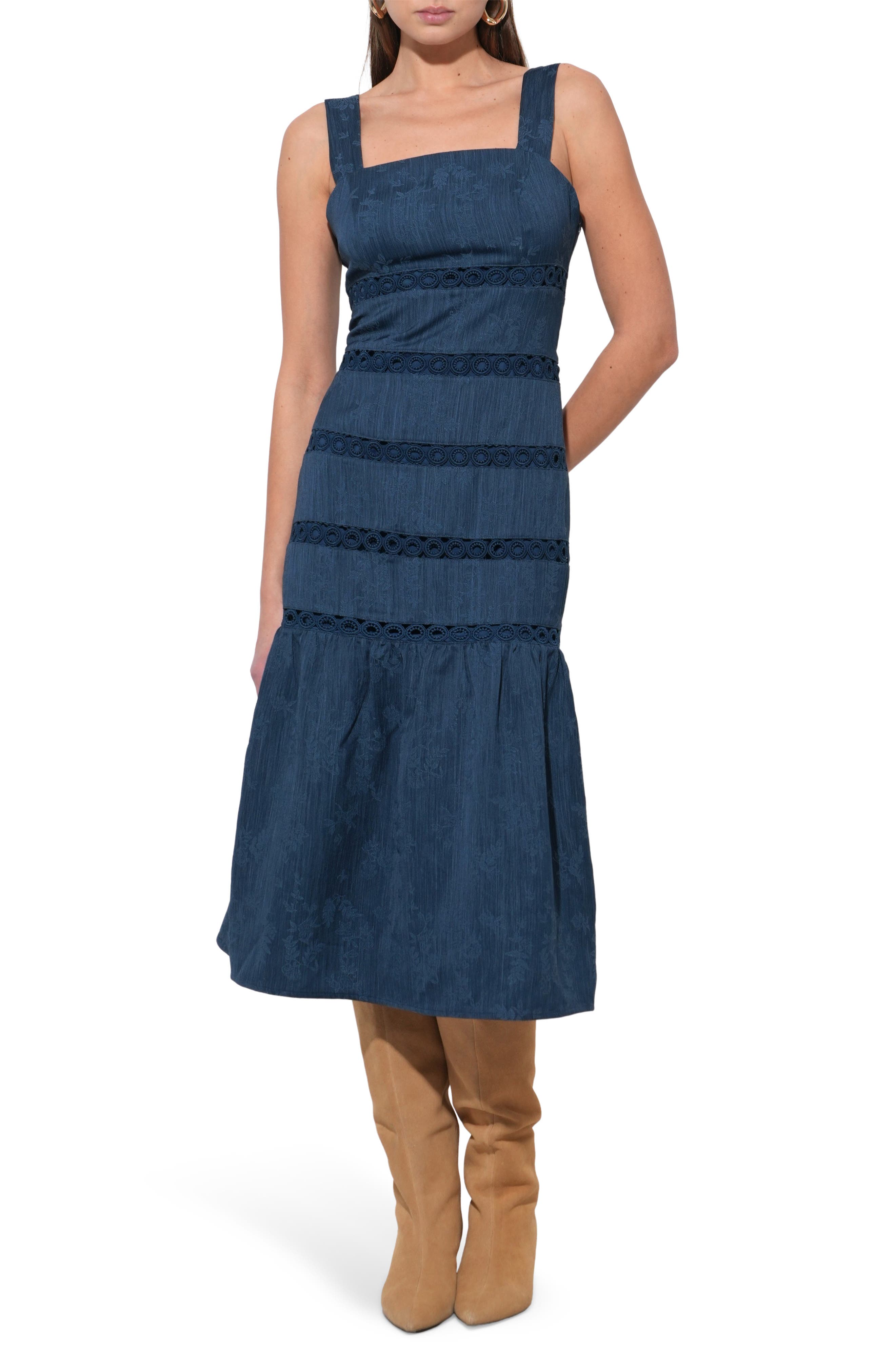 Adelyn Rae Sable Lace Inset Tiered Midi Dress in Navy 