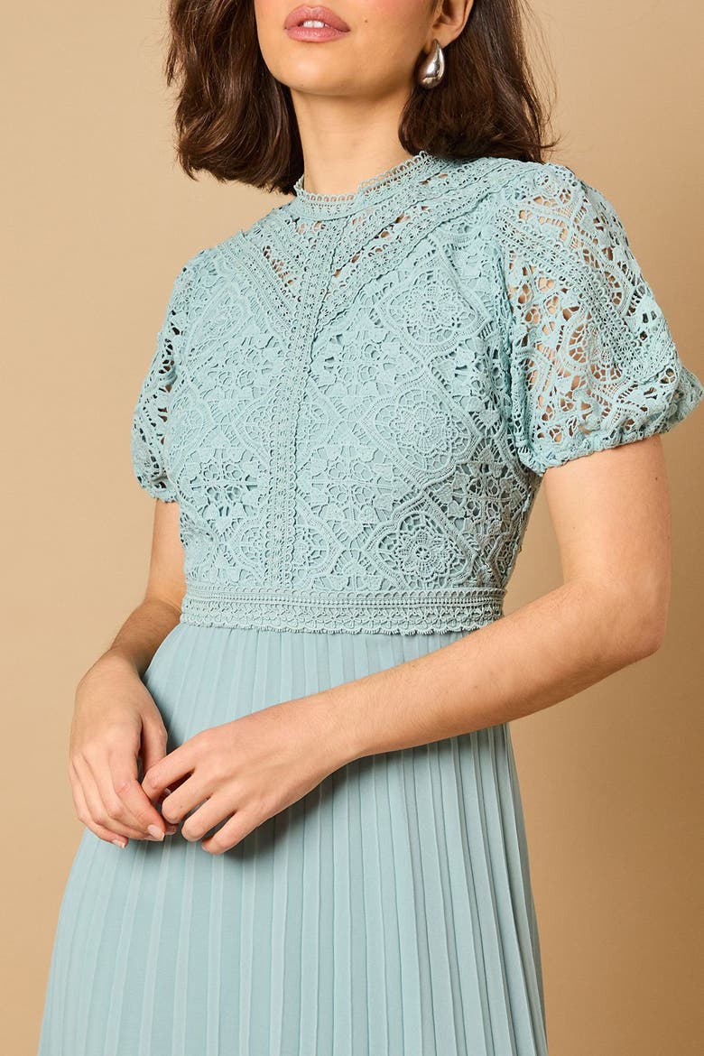 Lace Puff Sleeve Pleated Midi Dress, Alternate, color, Light Blue