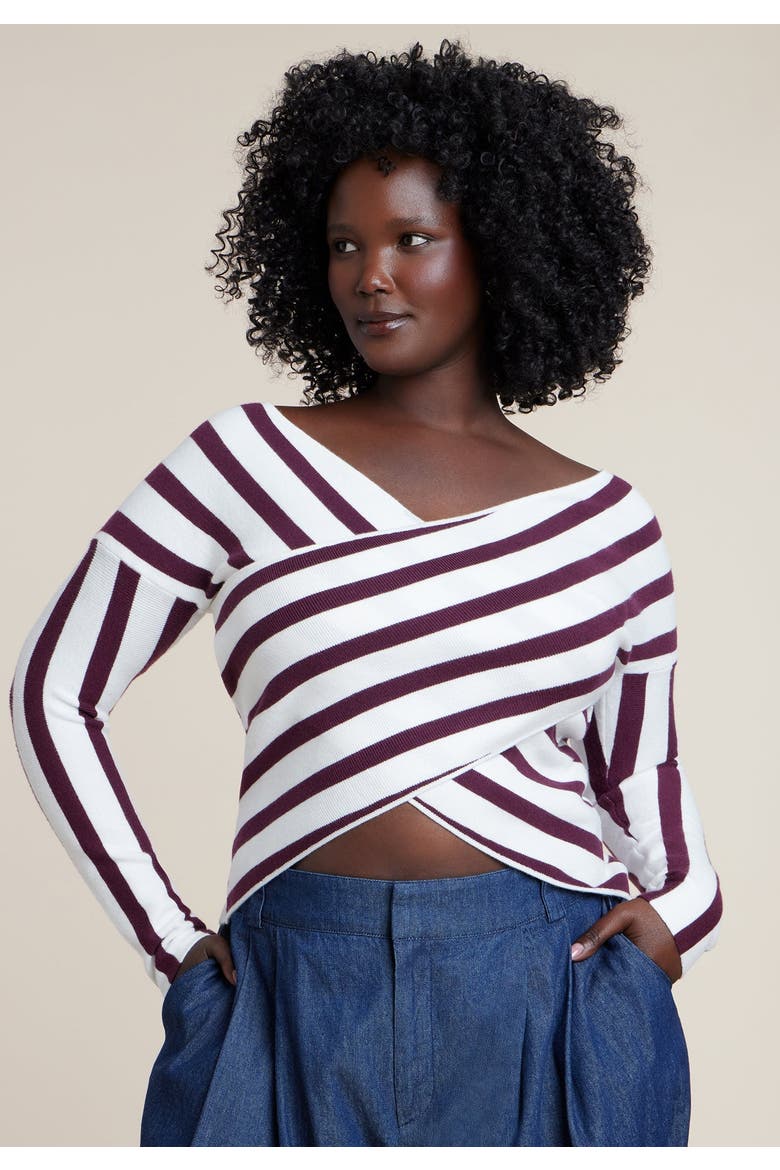 Striped Wrap Front Cropped Sweater, Main, color, BURGUNDY/WHITE STRIPE