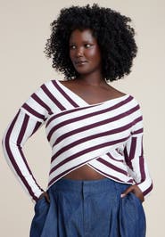 ELOQUII Striped Wrap Front Cropped Sweater