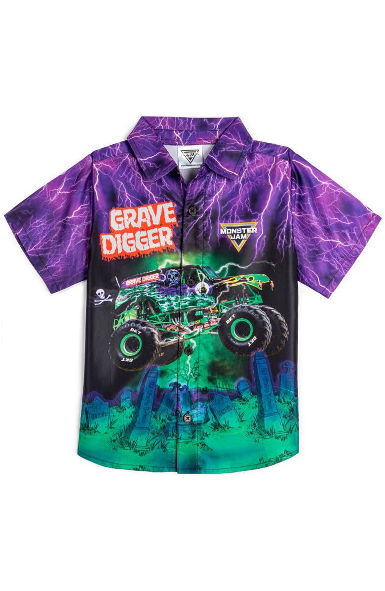 Monster Jam Grave Digger Short Sleeve Button Down Shirt, Main, color, Purple/Green