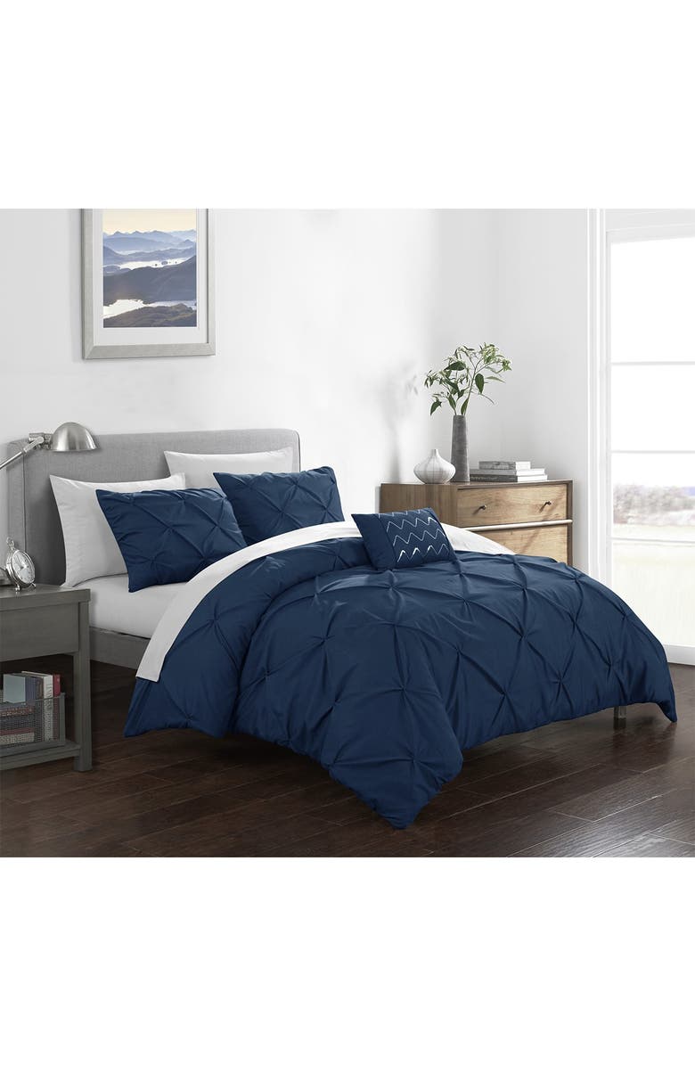 CHIC Queen Weber Pinch Pleat Ruffled Design Duvet 4-Piece Cover Set - Navy, Alternate, color, 