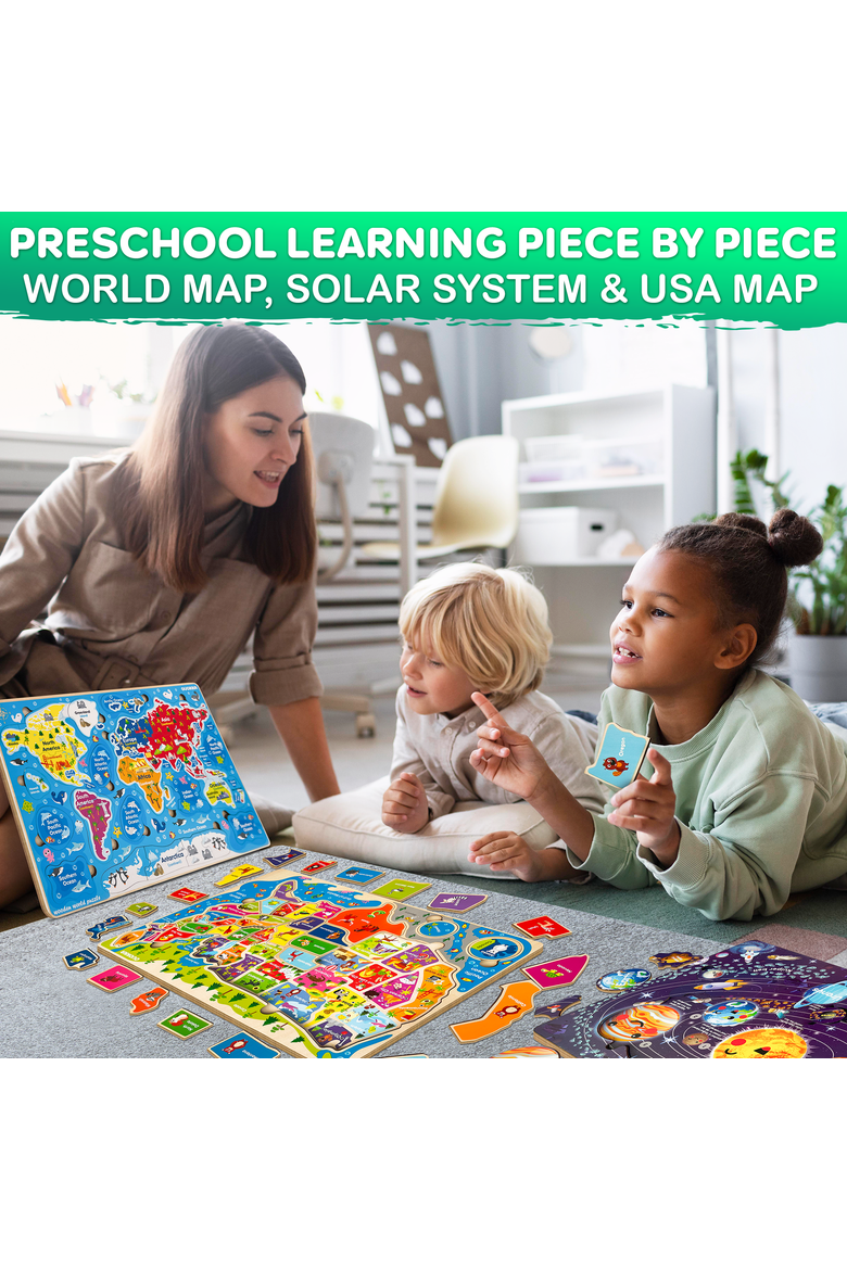 Kids Educational Map Puzzle Set - USA, World Map & Solar System Themes, Alternate, color, Wooden Map Set