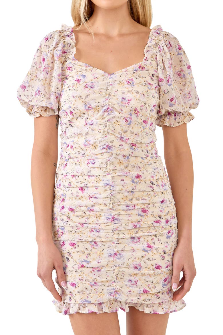 Eyelet Floral Ruched Minidress, Alternate, color, IVORY MULTI