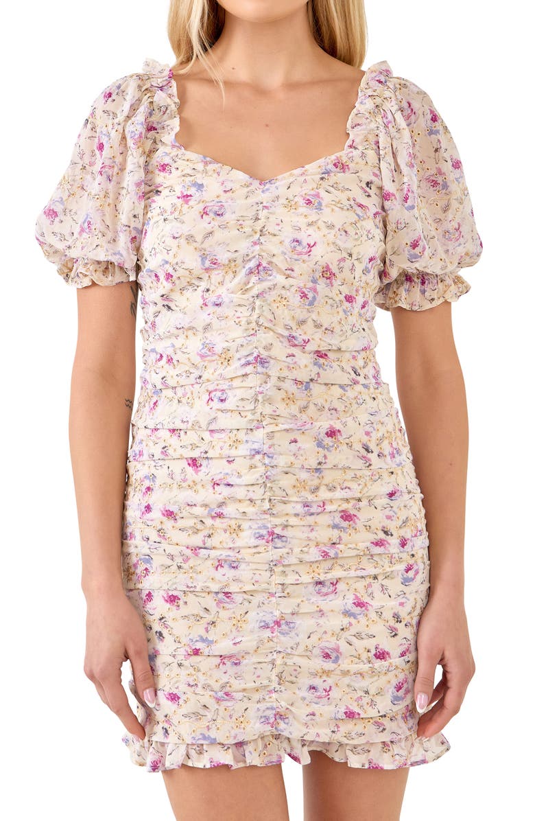 Endless Rose Eyelet Floral Ruched Minidress, Alternate, color, Ivory Multi