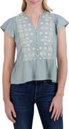 Lucky Brand Embroidered Flutter Sleeve Cotton Top