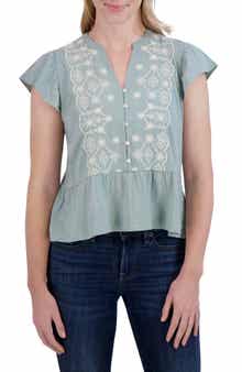 Lucky Brand Embroidered Flutter Sleeve Cotton Top