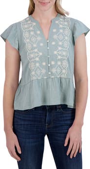 Lucky Brand Embroidered Flutter Sleeve Cotton Top