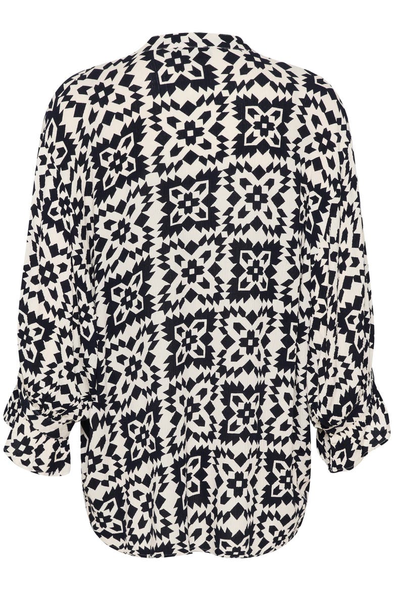 Zaya 3/4 Sleeves V-Notch Neck Blouse, Alternate, color, White And Navy Folklore